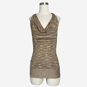 Caché brown space dye knit sleeveless cowl neck halter tank silk metallic Y2K L